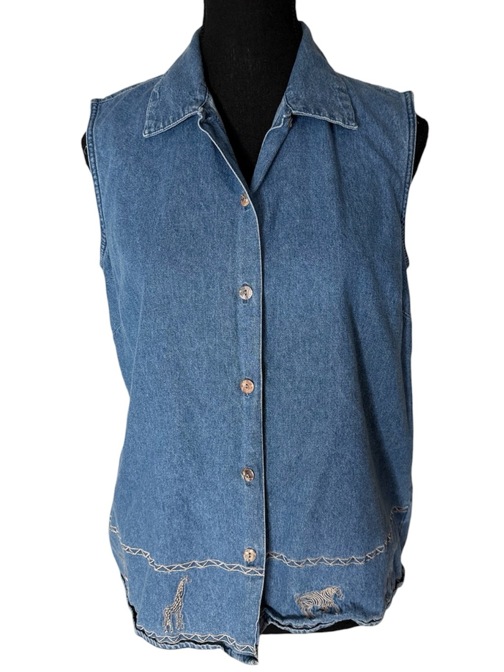 CABIN CREEK Sleeveless Denim Jean Button Down Top Safari Animal Embellish Medium